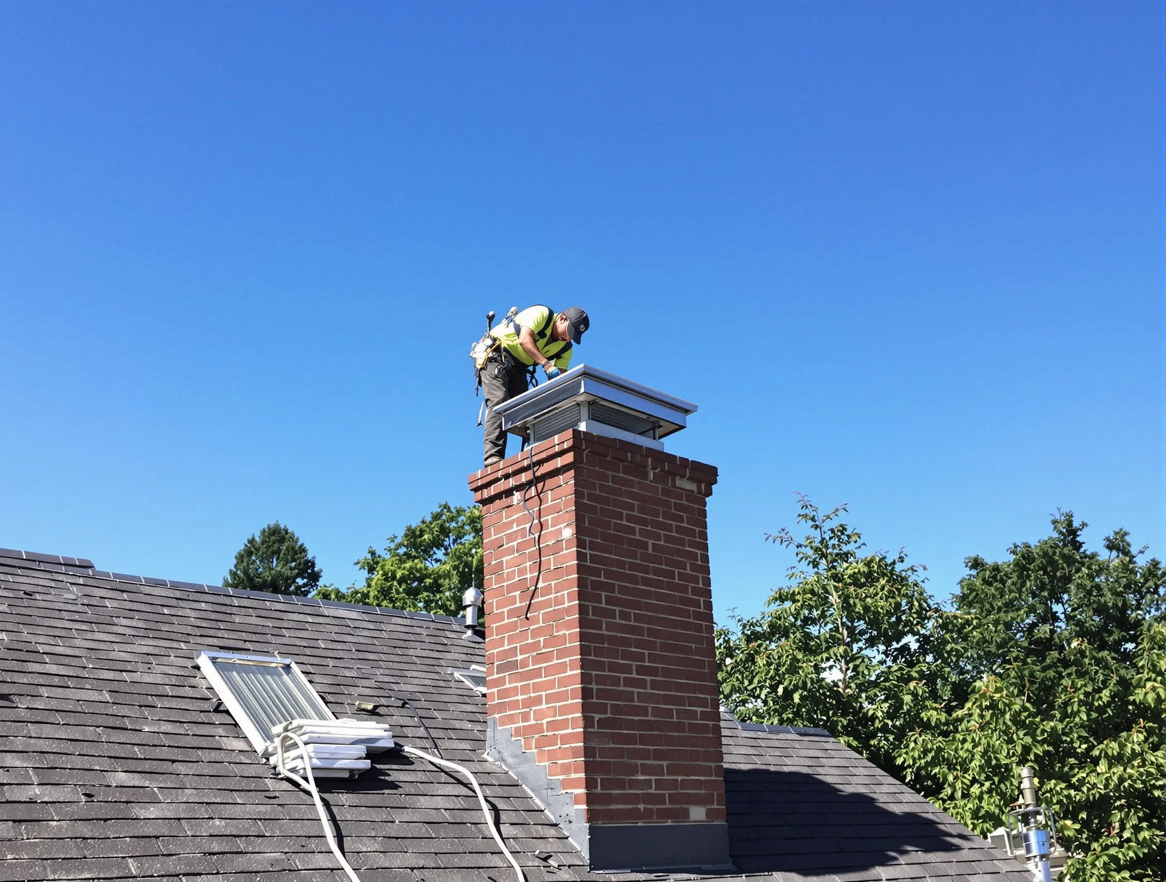 East Windsor Chimney Sweep technician measuring a chimney cap in East Windsor, NJ